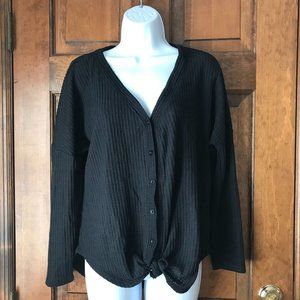 FINAL DAY - FINAL PRICE - Ultra Flirt Self Tie Hem Black Button-Down Sweater